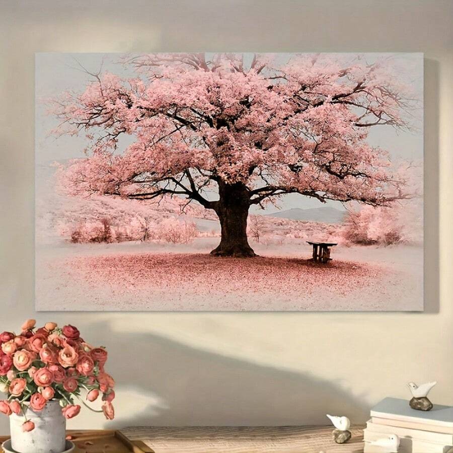1 Pc Pink Landscape Leaf Painting Wooden Framed  Canvas Painting Thickness 2.25cm/0.9inch High Quality Wall Art Prints Poster Direct Hanging Wall Picture Decor For Home Gifts, Christmas Gift,Christmas Decoration,Living Room, Bathroom, Bedroom, Kitchen