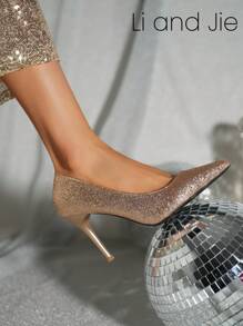 [Li&Jie] 正式宴会、派对、表演、生日派对鞋；适合举办活动、搭配礼服、旗袍；成熟、性感系带黑色高跟鞋、优雅、迷人仙女般的公主鞋 - 金色 - 查看 3