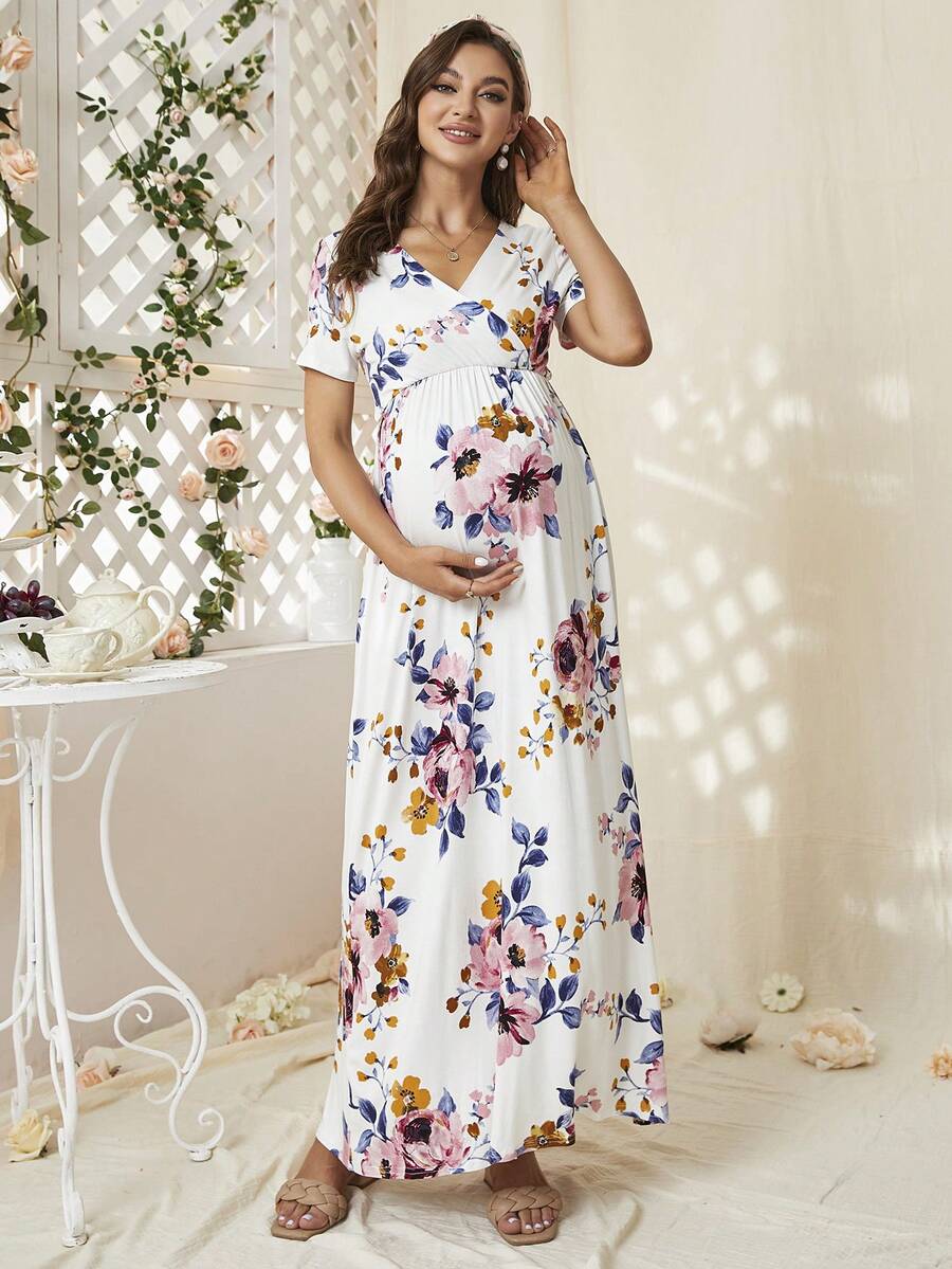 DEARCASE Maternity Allover Floral Print V-Neck Dress