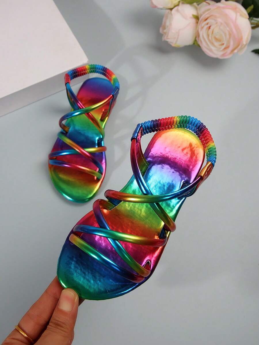 Sandalias de verano planas estilo princesa de niña con diseño arcoíris, sandalias versátiles de moda para exterior - Multicolor - Ver 1