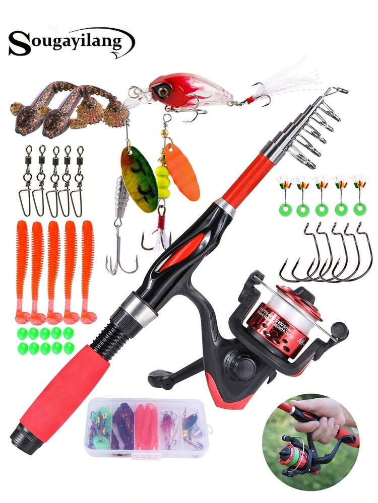 SOUGAYILANG 釣りセット 伸縮式釣竿とリールコンボ、ルアー、フック
