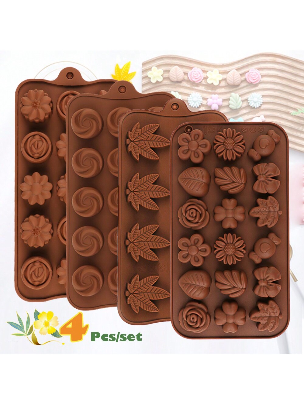 4 قطع/عبوة قوالب سيليكون على شكل زهرة، ورقة، وأورا...
