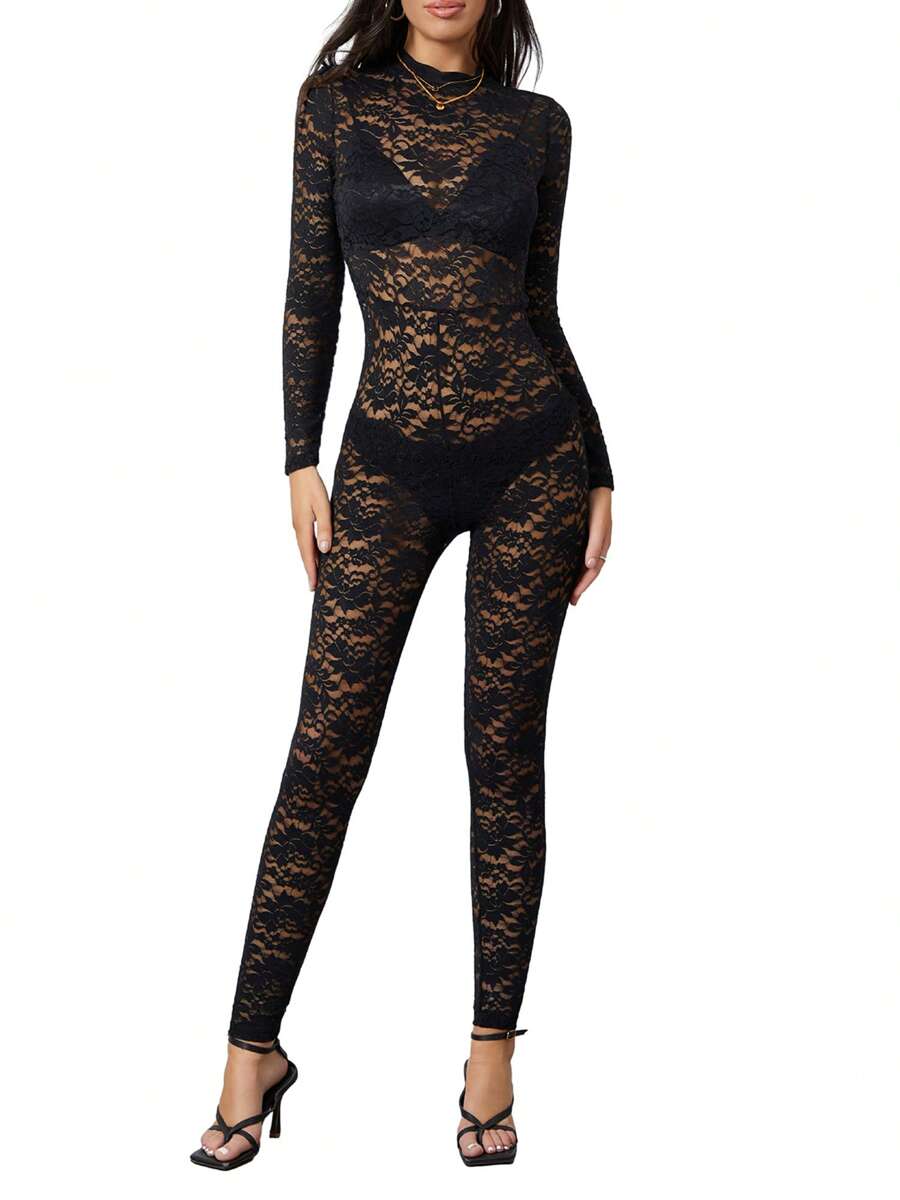 Women's Fashion Skinny Bodysuit Long Sleeve Mock Neck Sheer Lace Jacquard Playsuit - màu đen - Xem 1