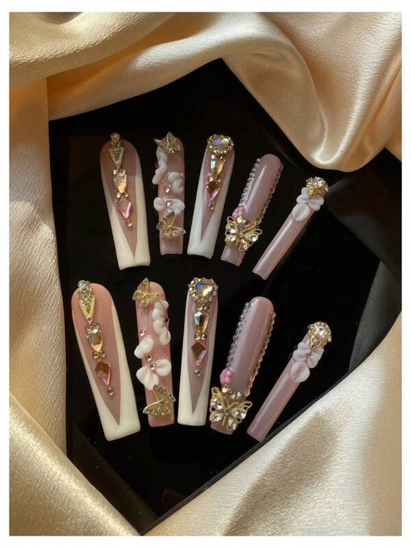 10 sztuk ręcznie robionej zbroi 55 mm typu trumna, trójwymiarowa, rzeźbiona metalowa zbroja z motylem, ręcznie malowany kwiat, różowy, francuski, gradient kryształków, idealny na imprezy i prezenty dla przyjaciół, można nosić wielokrotnie, dociskać paznokcie, artykuły do paznokci, paznokcie