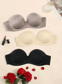 3er Pack glänzender, rutschfester, trägerloser Push-up BH mit Brustformung und Anti-Rutsch-Funktion für Hochzeitskleider, Lingerie