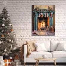 Printed With Christmas Fireplace And Socks Pattern, Christmas Poster Artwork, Holiday Decorations And Joyful Atmosphere, Festive Christmas Wall Art, Winter Holiday Gifts, Suitable For Living Room, Bedroom, Restaurant Decoration-1 Pc Wooden Framed Canvas Painting Thickness Cm/0.9inch High Quality Wall Art Prints Poster Direct Hanging Wall Picture Decor For Home Gifts, Christmas Gifts, Living Room, Bath Room, Bedroom, Kitchen