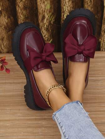 女士春秋厚底厚底乐福鞋圆头牛津鞋增高坡跟英伦风低跟粗跟时尚百搭深口蝴蝶结平底鞋情人