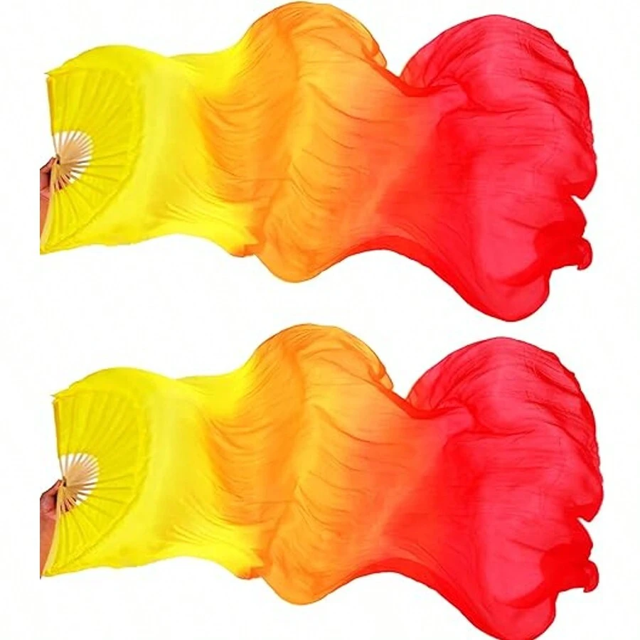 (Gauche + Droite) Long éventail en soie pour la danse du ventre - Décorations de Noël pour femmes - Cadeaux de Noël - Décoration de Noël - jaune orange rouge - Voir 1