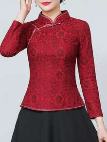 Women's Retro Chinese Style Thin Short Sleeve Tang Top, Porcelain Print V-Neck Casual Blouse