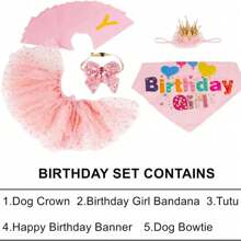 1 Set Of Birthday Dog Party Supplies - Dog Birthday Pet Girl Set Dog Birthday Bandage - Pink Skirt Crown Hat Scarf Happy Birthday Banner (Pink, Large)