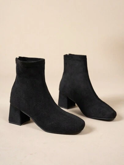 Women High Chunky Heel Boot, Flyknt Weaven Square Toe Back-Zipper Soft Comfortable Suede Textile, Fashionable Ankle Boot Slip-On All Black