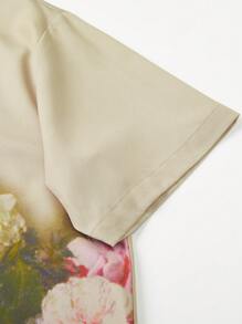 男士夏季短袖 Polo 衫，玫瑰印花，时尚潮流衬衫 - 杏色 - 查看 4