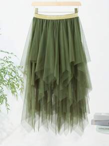 Women Fashion Midi Skirts Contrast Color/Solid Color Elastic High Waist Irregular Ruffles Multi-Layered Tulle Tutu Skirts - 綠色 - 查看 6