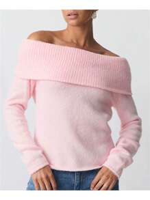 Women's Off Shoulder Sweater, Loose Fit Cropped Pullover Knit Top With Long Sleeves, Boat Neck Solid Color Fall Fashion Casual Wear - 粉色 - 查看 2