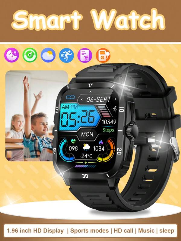 Relógio inteligente para adolescentes, à prova d'água até 3 ATM, tela grande de 1,96", relógio inteligente esportivo robusto, rastreador de condicionamento físico com monitoramento de frequência cardíaca e sono, compatível com iOS e Android