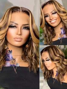 亮点渐变色蜜金色短鲍勃假发 人发蕾丝假发 4x4 4/27 巴西波浪蕾丝闭合假发 雷米头发透明蕾丝前假发 女士人发 预拔婴儿头发 200% 密度