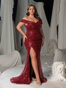 Faeriesty 加大露肩开叉大腿美人鱼下摆串珠亮片正式派对礼服、婚礼宾客礼服、晚礼服 - 酒紅色 - 查看 8
