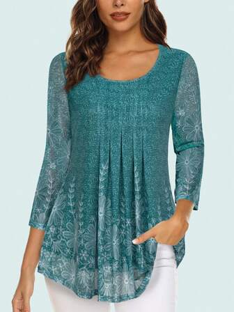 CheersLife 女士七分袖收腰上衣，休闲宽松印花衬衫，层叠荷叶边网纱衬衫