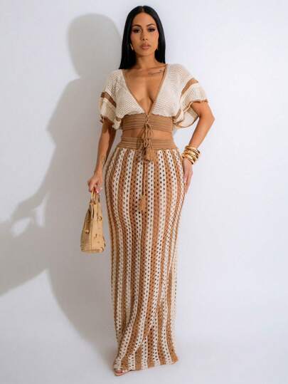 2pcs/Set Fashionable & Sexy V-Neck Hollow Top And Striped Low Waist Long Skirt Set