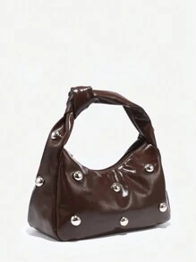 1 Stück Retro minimalistischer Handtasche mit künstlicher Webstruktur, Angola-Rot, Nieten, ölige Wachs-PU-Leder, großes Fassungsvermögen, Wolken-Design und Halbmond-Form, geeignet für Ausflüge, Partys und die tägliche Verwendung - Braun - Übersicht 2