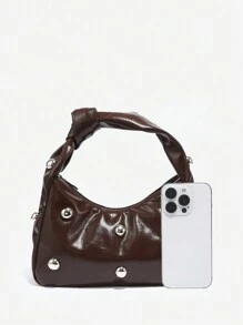 1 Stück Retro minimalistischer Handtasche mit künstlicher Webstruktur, Angola-Rot, Nieten, ölige Wachs-PU-Leder, großes Fassungsvermögen, Wolken-Design und Halbmond-Form, geeignet für Ausflüge, Partys und die tägliche Verwendung - Braun - Übersicht 4