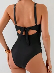 Women's Fashionable Sexy Hollow Out Solid Black Criss-Cross One Piece Swimsuit Summer