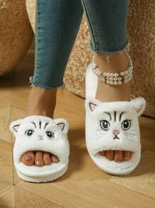 Women's Comfortable Black And White Cat Fur Slippers - Soft Fur, Non-Slip EVA Sole, Hand Wash Or Dry Clean, Suitable For Indoor Use - Suitable For All Seasons - White - View 1