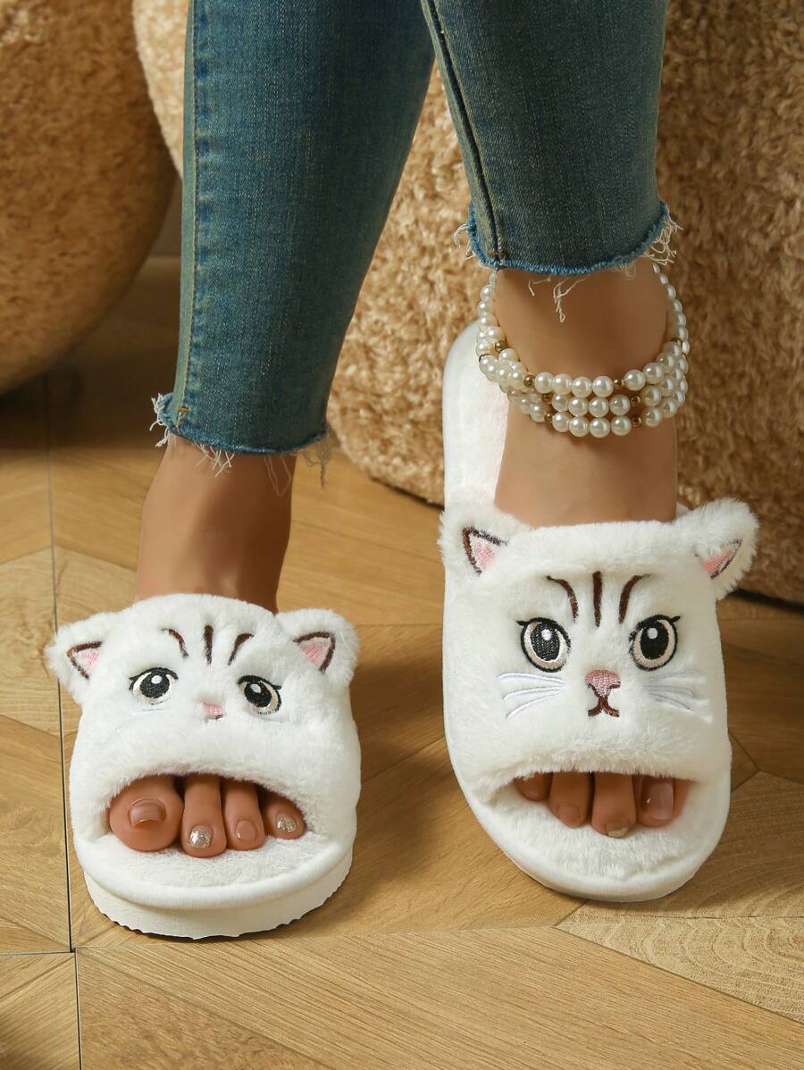 Women's Comfortable Black And White Cat Fur Slippers - Soft Fur, Non-Slip EVA Sole, Hand Wash Or Dry Clean, Suitable For Indoor Use - Suitable For All Seasons - White - View 1