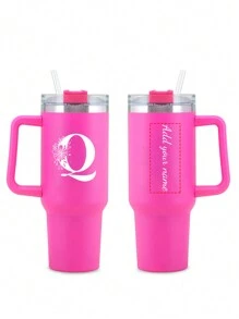 1 pezzo Borraccia personalizzata in acciaio inossidabile da 40 once con stampa di lettere dall'A alla Z, con cannuccia e coperchio, tazza da viaggio portatile per latte e caffè, regalo per vacanze, damigella d'onore, sposa, per famiglia e amici - Fucsia - Visualizzare 32