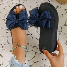 Women's Solid Color Sandals, Bowknot Decor Slip On Platform Beach Slides, Non-Slip Vacation Wedge Slides