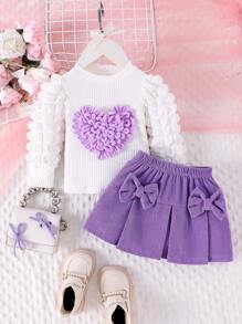 2pcs Toddler Girls' Elegant Heart Puff Sleeve Top + Skirt Set, Lightweight Autumn/Winter - Purple - View 3