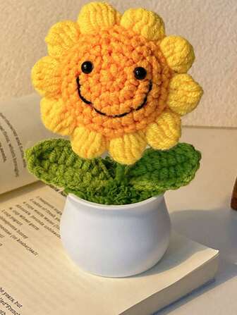 1pc Handmade Happy Sunflower Potted Plant, Colorful Sunflower Potted Plant, Cute Sunflower Decor, Knitted Artificial Flower Gift, Suitable For Car, Office Desk, Study, Anniversary, Birthday, Bedroom, Home Decor Gift Back To School Room Decor School Supplies