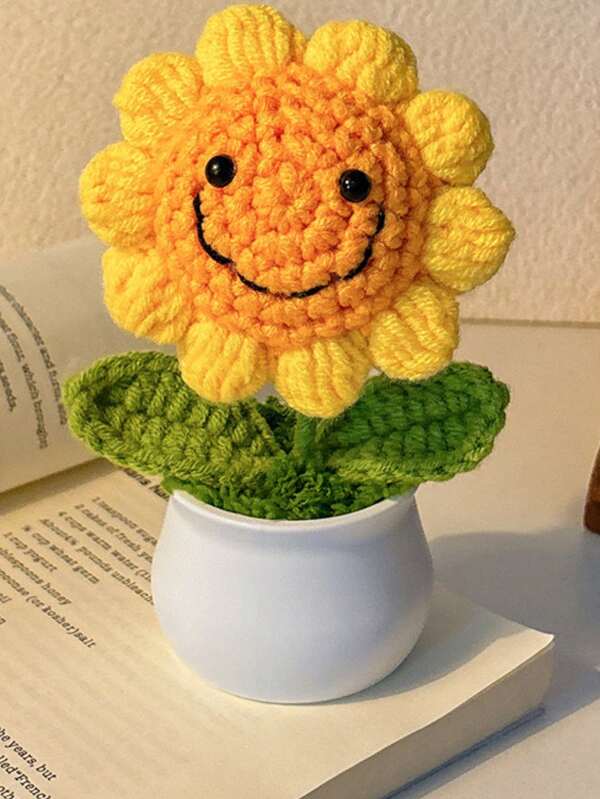 1pc Handmade Happy Sunflower Potted Plant, Colorful Sunflower Potted Plant, Cute Sunflower Decor, Knitted Artificial Flower Gift, Suitable For Car, Office Desk, Study, Anniversary, Birthday, Bedroom, Home Decor Gift Back To School Room Decor School Supplies