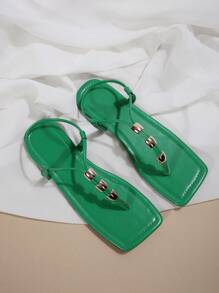 Women's Metal Beaded Decor Flip Flops, Bohemian Style Open Toe Square Toe Flat Sandals, Fashion New Holiday Beach Slippers, Low Heel, Thong Strap Green Sandals