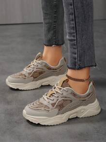 Sporty Front Chunky Sneakers For Women,Colorblock Leather Lace-Up Shoes Women Boots Women Lightweight Breathable Sneakers Women Shoes Outdoor Sports Shoes For Women Running Shoes Comfortable Casual Shoes For Women - Multicolor - View 3