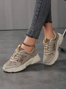 Sporty Front Chunky Sneakers For Women,Colorblock Leather Lace-Up Shoes Women Boots Women Lightweight Breathable Sneakers Women Shoes Outdoor Sports Shoes For Women Running Shoes Comfortable Casual Shoes For Women - Multicolor - View 2