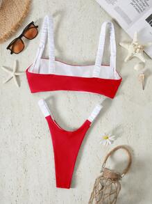 Bikinx Contrast Color Stitching Simple Women's Swimwear Set For Beach Vacation Summer - Red and White - View 3