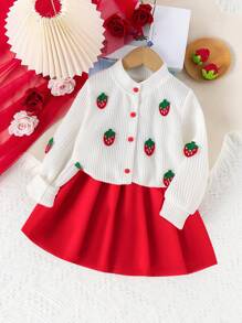2件套少女甜美草莓刺绣夹克和裙子套装，春秋 - 紅色 - 查看 1