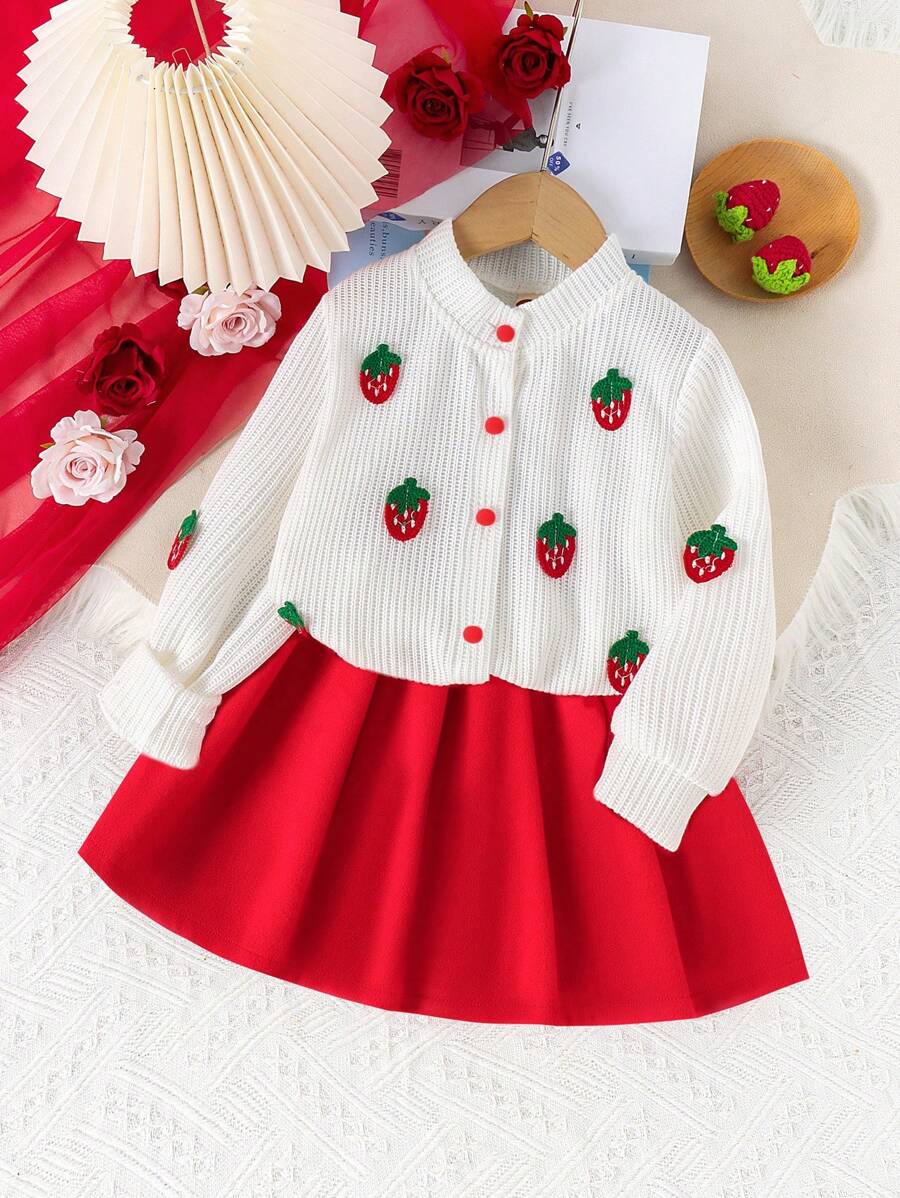 2件套少女甜美草莓刺绣夹克和裙子套装，春秋 - 紅色 - 查看 1