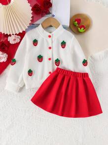 2件套少女甜美草莓刺绣夹克和裙子套装，春秋 - 紅色 - 查看 2