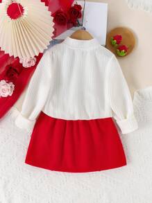 2件套少女甜美草莓刺绣夹克和裙子套装，春秋 - 紅色 - 查看 3