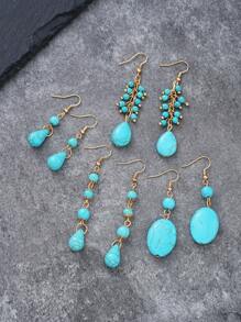 42/2/8 Stücke einfacher Blumen & Tropfen Vintage Türkis Ring, Ohrringe Set, Schmuckset für Frauen, Feiertage, Date, tägliches Partytragen