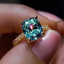 1 pièce Bague de promesse élégante, plaquée or cuivre avec zircone cubique synthétique bleu turquoise brillant, coupe princesse. Bague de fiançailles et de mariage, convient pour les robes de soirée, les fêtes et les galas des femmes - Doré - Voir 2