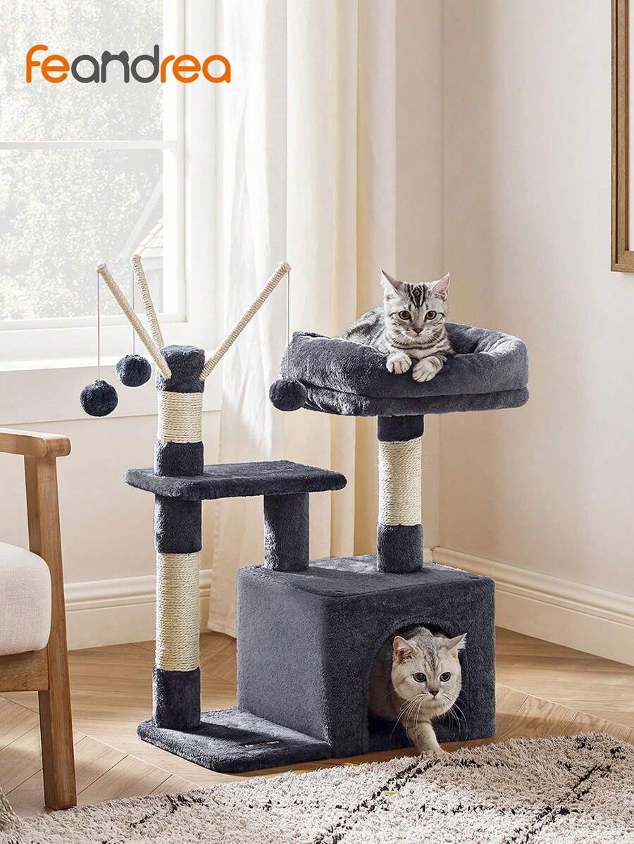 Feandrea Cat Tree, Small Cat Condo, 72 Cm, 3 Pompoms, Smoky Grey - Dark Grey - View 1