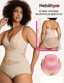 Nebility Plus Size Bodysuit Shapewear For Women Tummy Control Body Shaper Waist Trainer Butt Lifter V Neck Bra Jumpsuit Top - 米色 - 查看 3