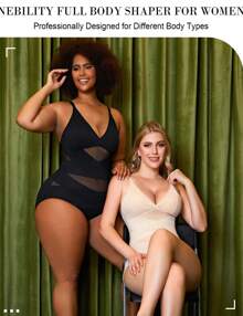 Nebility Plus Size Bodysuit Shapewear For Women Tummy Control Body Shaper Waist Trainer Butt Lifter V Neck Bra Jumpsuit Top - 米色 - 查看 5