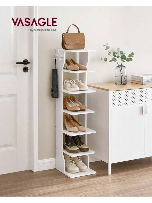 VASAGLE Slim Shoe Rack, Narrow Shoe Storage Organiser, 6-Tier Shoe Stand, For Small Spaces, Hallway, Cloakroom, White