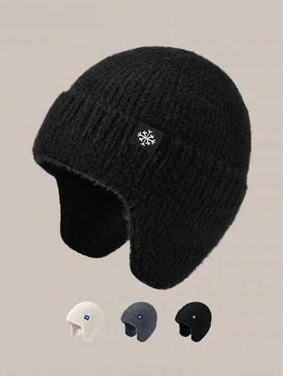 2024 Winter New Unisex Snowflake Logo Thermal Lined Thick Soft No Brim Knitted Cap, Outdoor Cycling Sport Ear Warmer Hat, Windproof Cold-Proof Headwear, Thermal Beanie Halloween