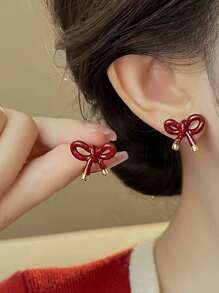 MESTILO 1 Pair Metal Red Bow Stud Earrings, Suitable For Women's Daily Wear, Christmas Valentines,Mom,Mother,Mother's Day,Gift - Red - View 7