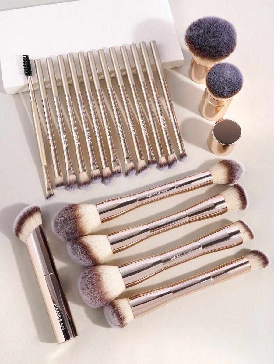 MAANGE 20-Piece Professional Makeup Brushes Set, Metal Handle Wand With Velvet Pouch, Soft Foundation,Powder Blush,Eyeshadow,Eyebrow, Blending, Highlighter, Kabuki Brushes, Nylon Bristles For All Skin Types, Unscented, Perfect For Daily Use & Travel, Makeup Accessory Gift For Women,Travel,Travel Essential,Valentine's Day,Cheap,Travel Makeup Brush,Gifts For Women,Makeup Artist,Professional Complete Makeup Kit